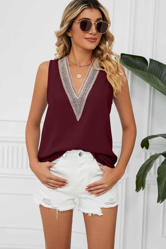 DEEP LACE V NECK CHIFFON LOOSE TUNIC TOP - Doublju