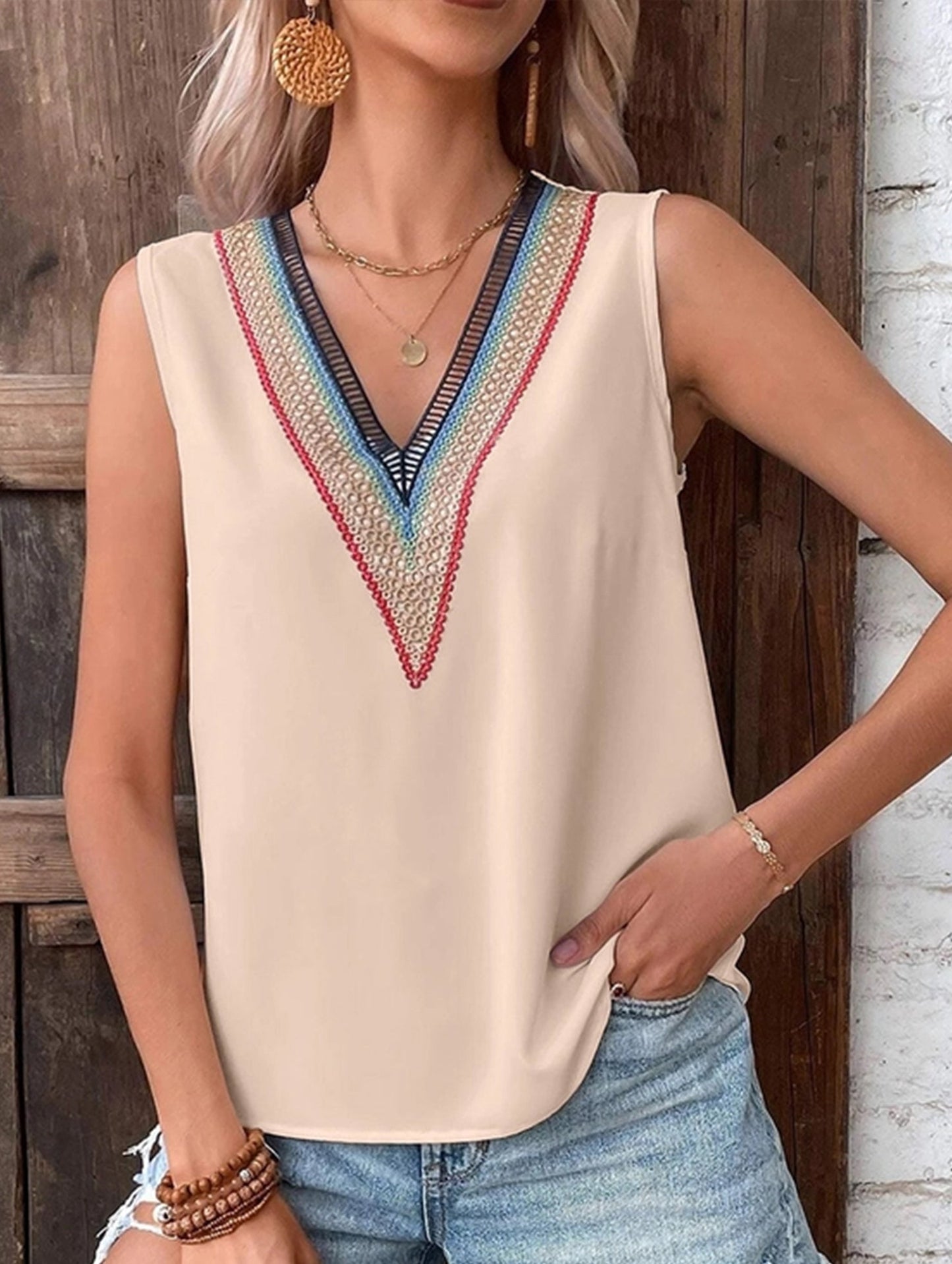 MULTICOLOR LACE V NECK SLEEVELESS BLOUSE