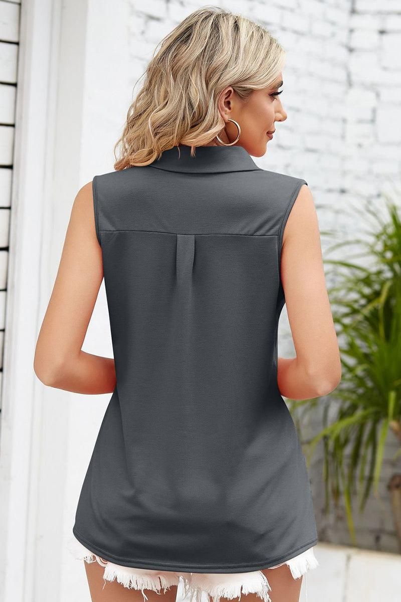 COLLARED V NECK SLEEVELESS WOMEN BLOUSE - Doublju