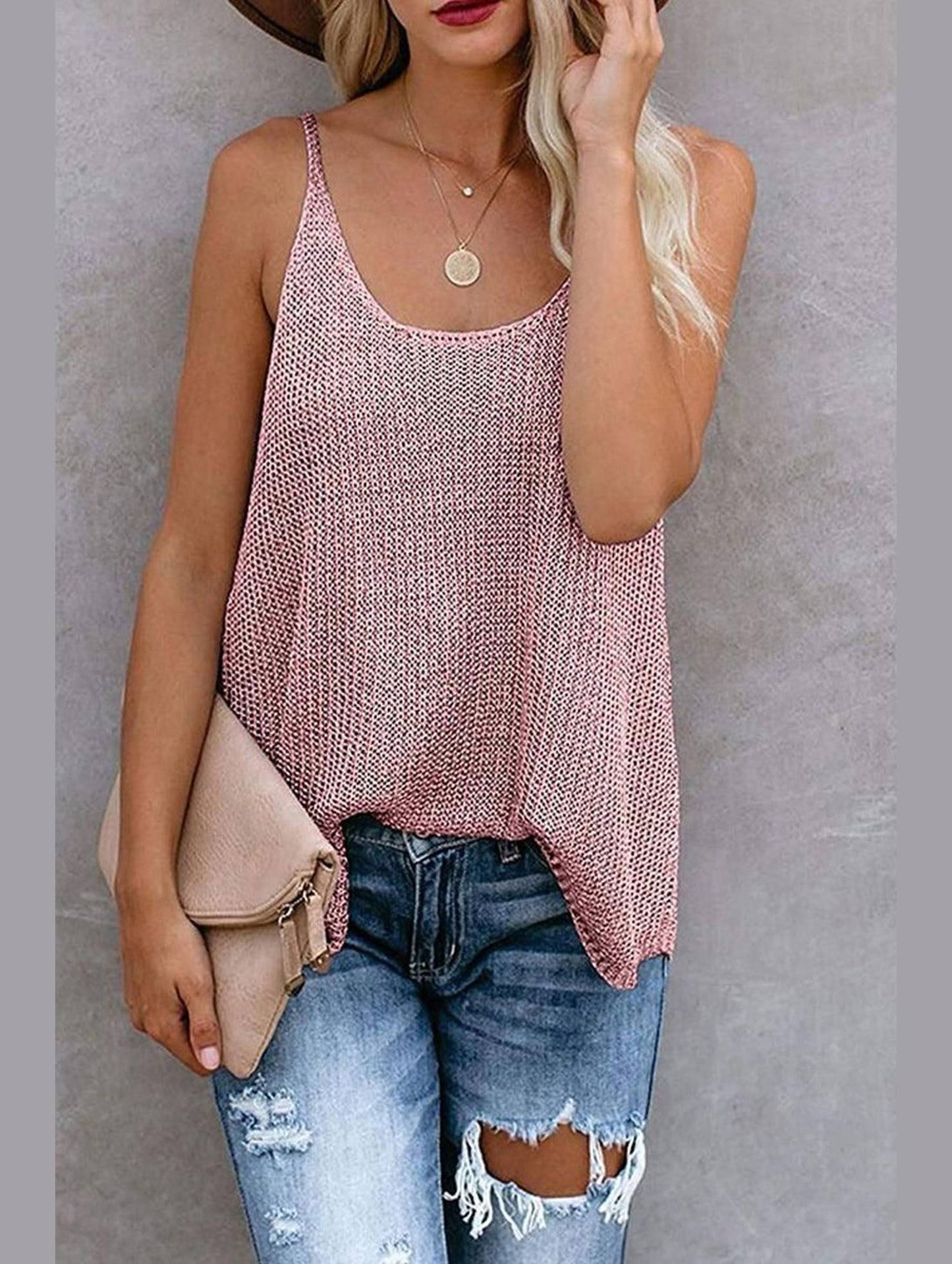 COLORED LOOSE FIT SLEEVELESS CAMI TANK KNIT TOP - Doublju