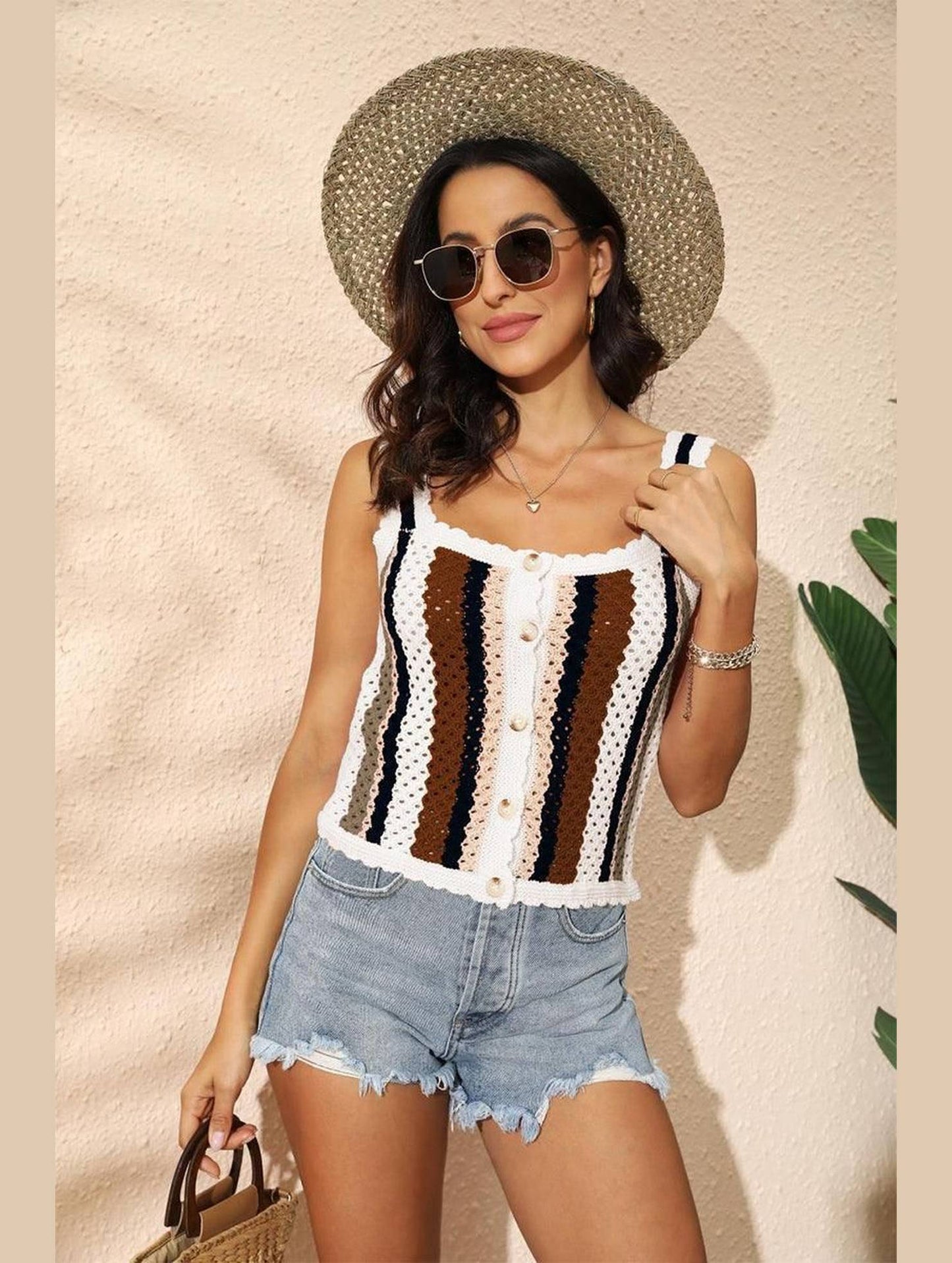 COLOR PATTERNED BUTTON UP KNIT TANK TEE - Doublju