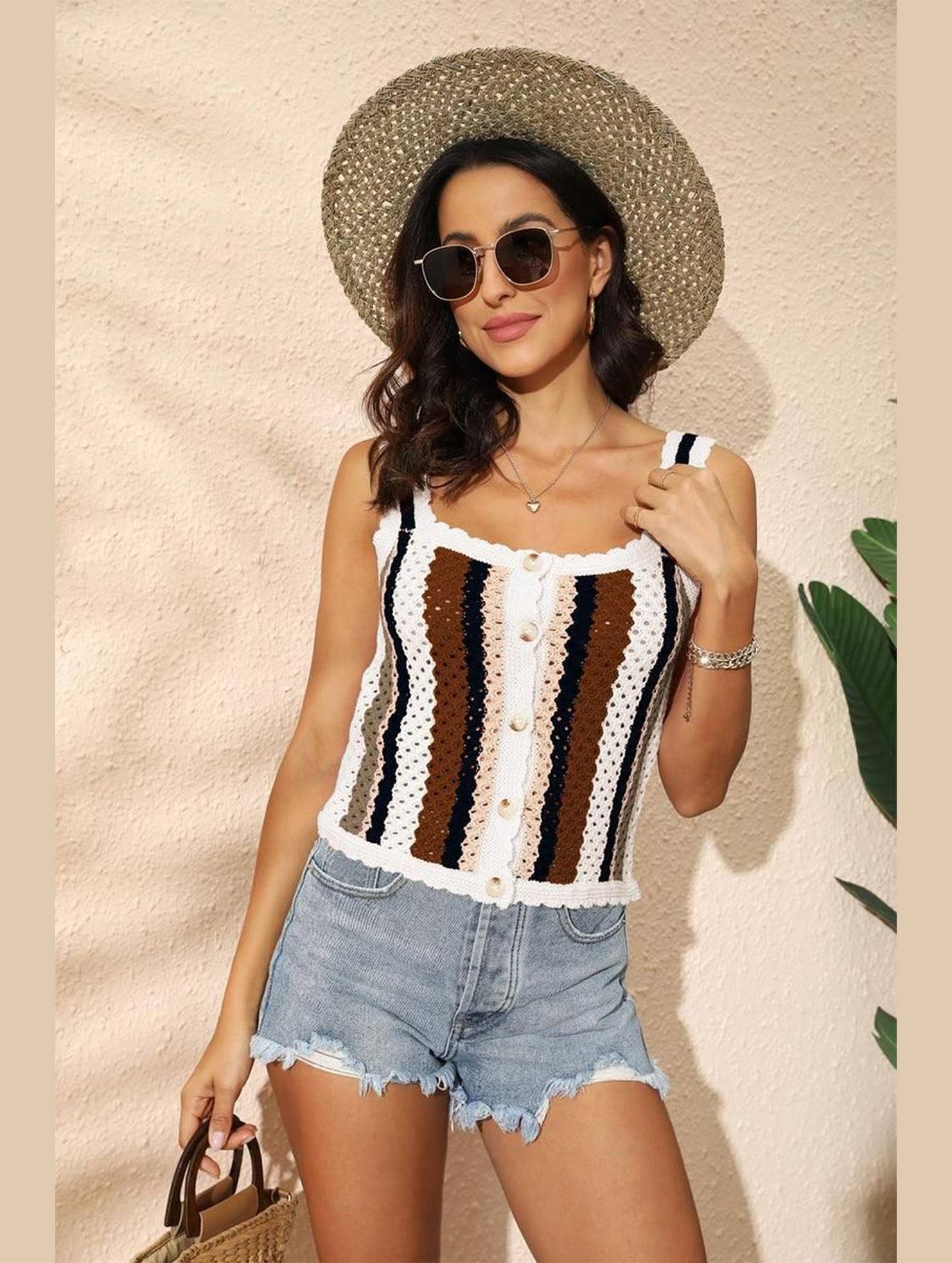 COLOR PATTERNED BUTTON UP KNIT TANK TEE - Doublju