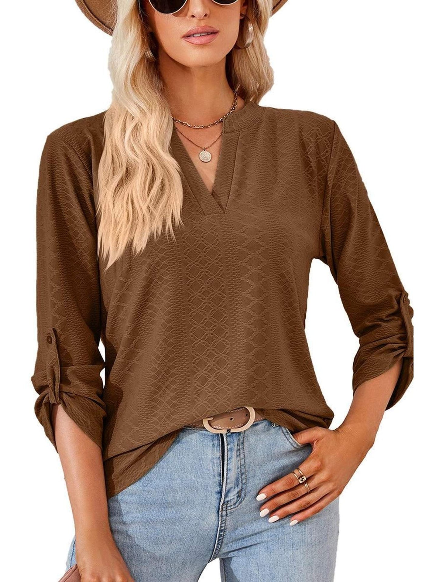 THREE QUARTER SLEEVE V NECK TOP - Doublju