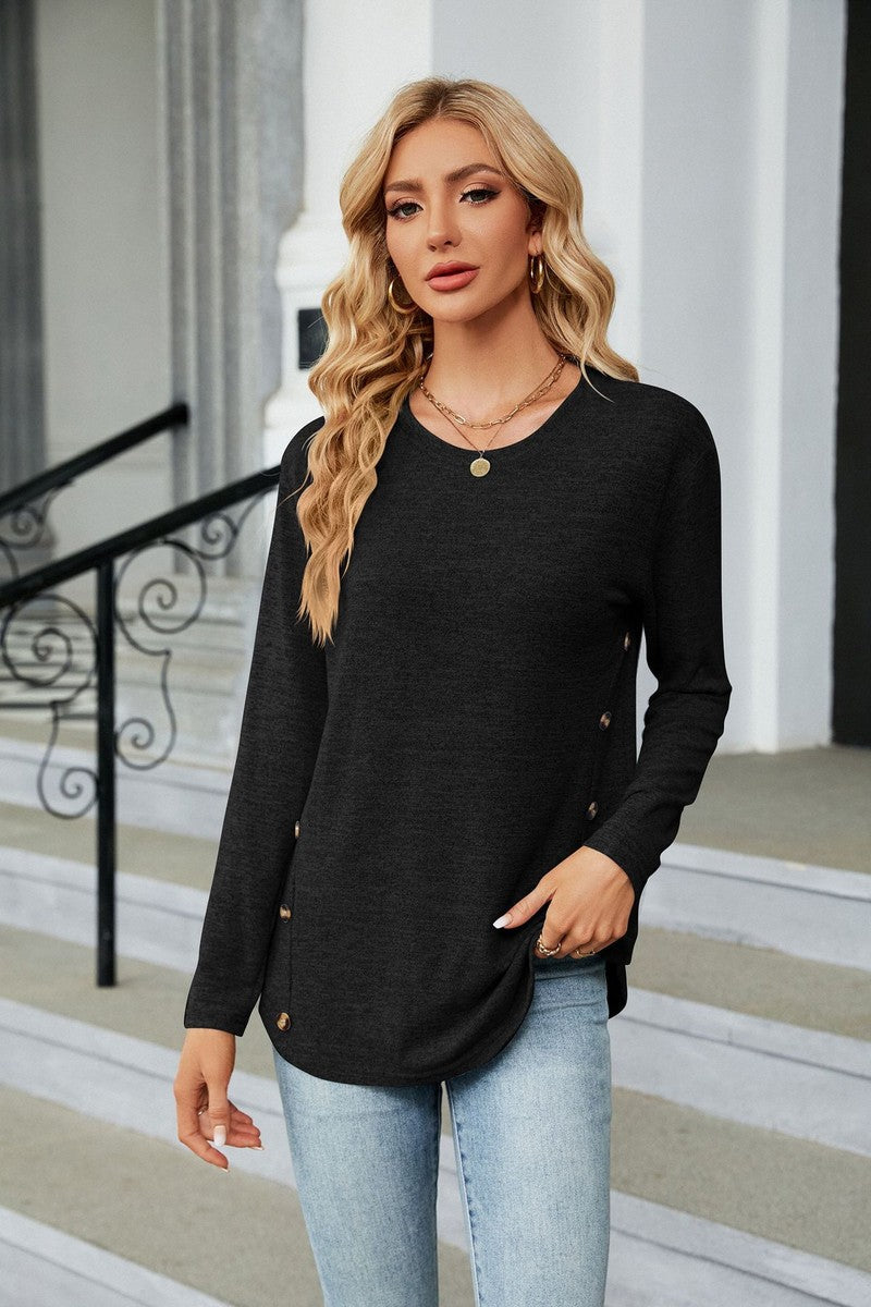 WOMEN LONG SLEEVE SIDE BUTTONED T SHIRT