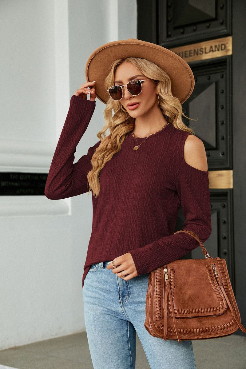 WOMEN LONG SLEEVE CUT OUT SHOULDER CASUAL TEE