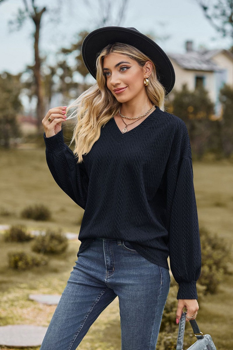 WOMEN V NECK LOOSE FIT LONG SLEEVE T SHIRT