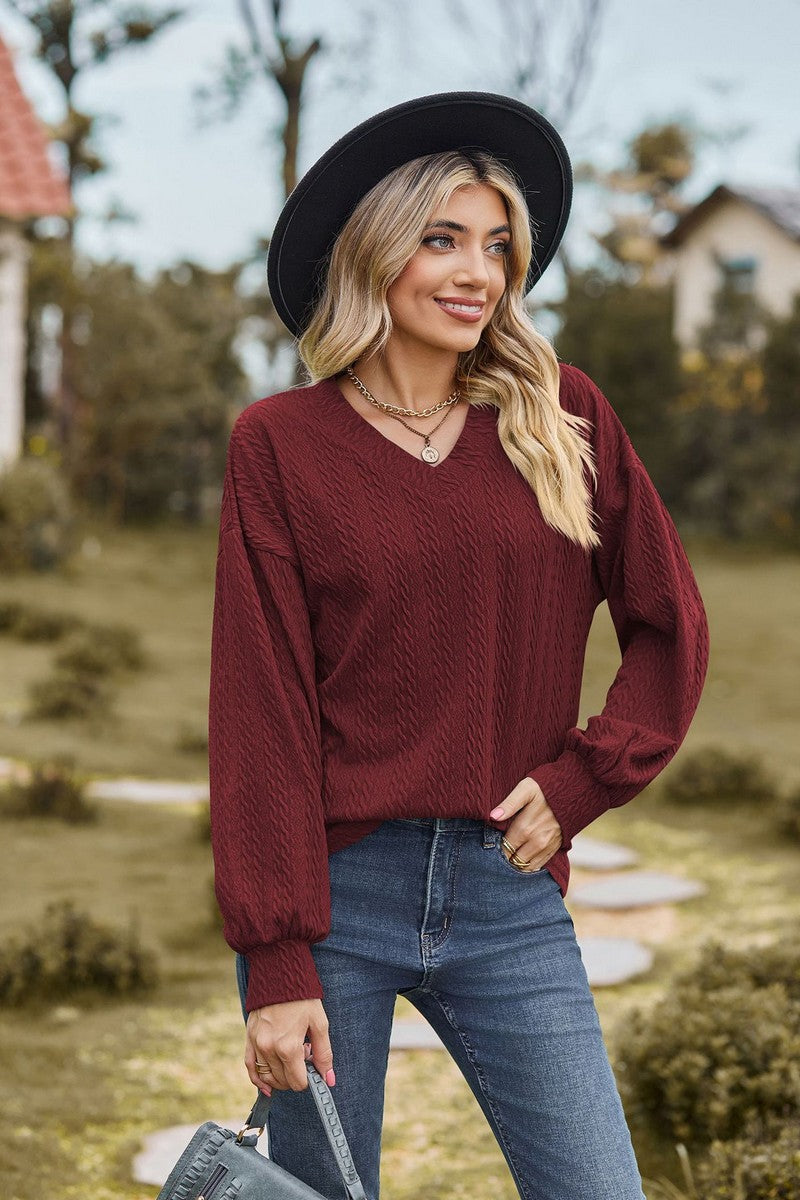 WOMEN V NECK LOOSE FIT LONG SLEEVE T SHIRT
