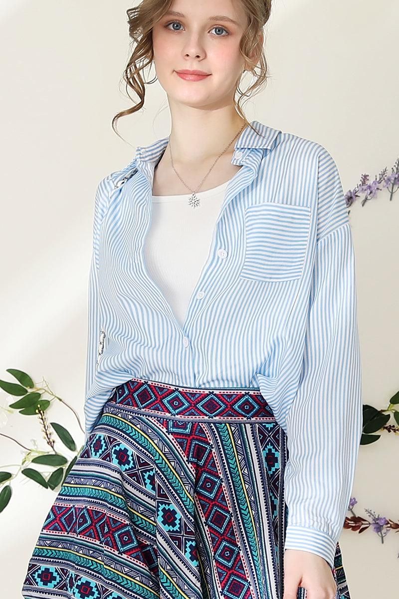 BUTTON DOWN VERTICAL STRIPE ONE POCKET SHIRTS - Doublju