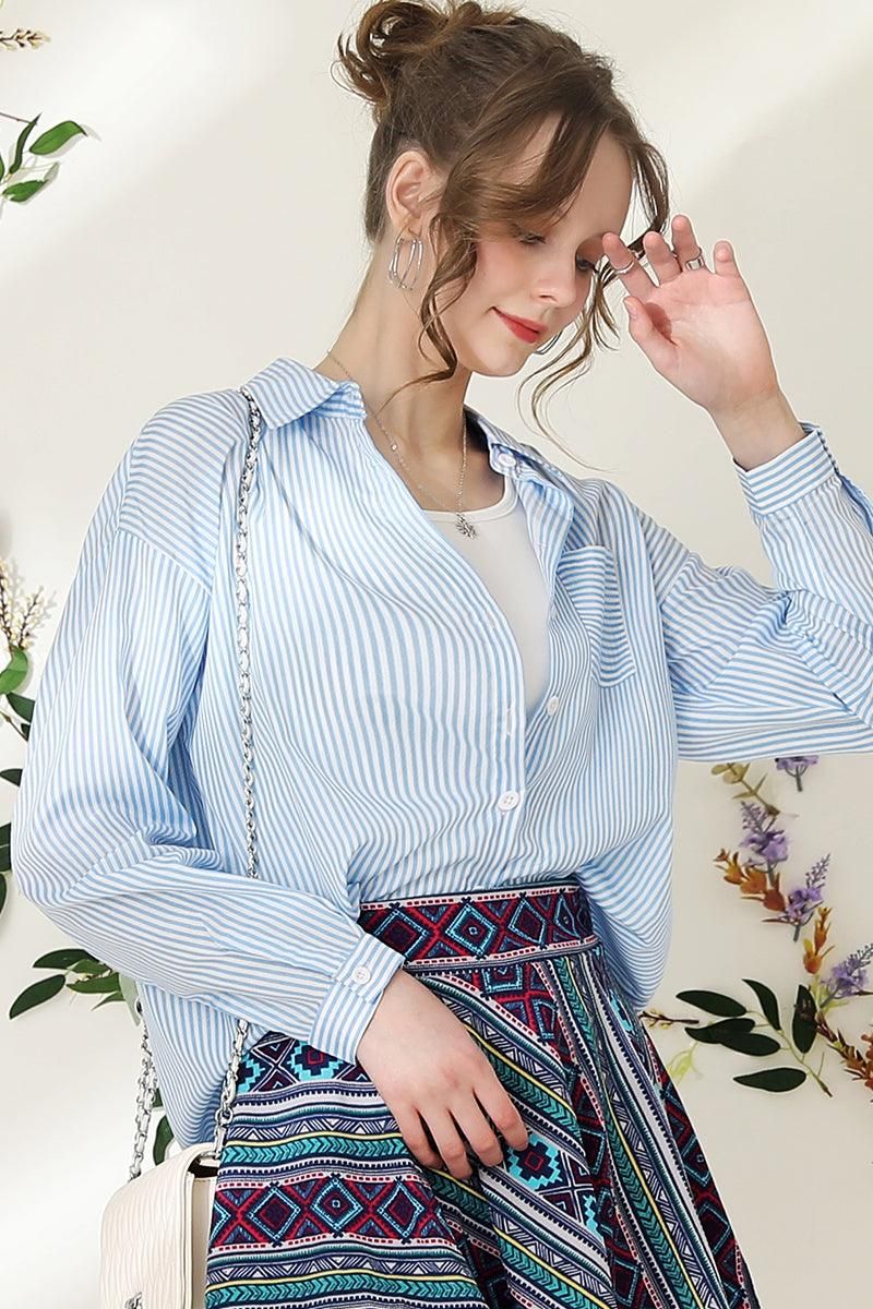 BUTTON DOWN VERTICAL STRIPE ONE POCKET SHIRTS - Doublju