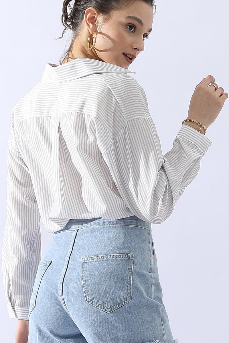 BUTTON DOWN VERTICAL STRIPE ONE POCKET SHIRTS - Doublju
