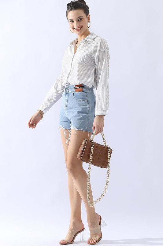 BUTTON DOWN VERTICAL STRIPE ONE POCKET SHIRTS - Doublju