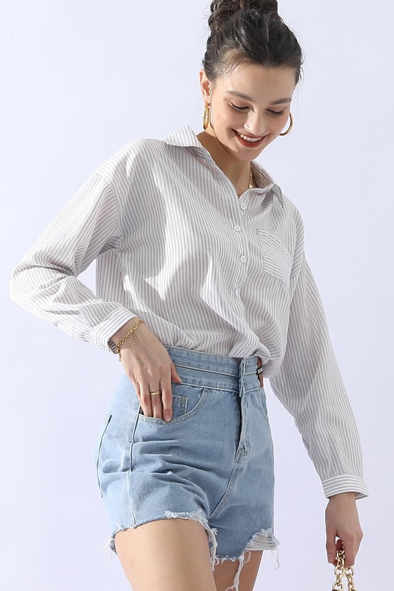 BUTTON DOWN VERTICAL STRIPE ONE POCKET SHIRTS - Doublju