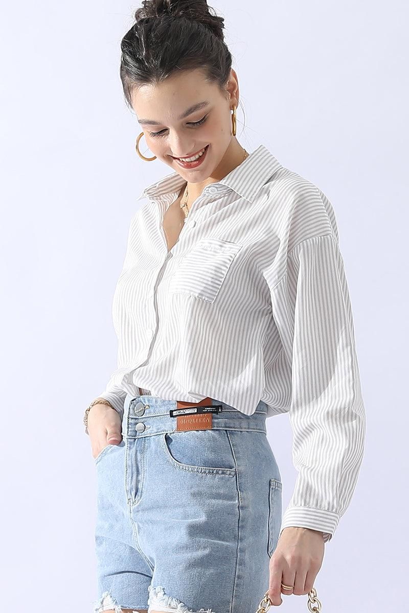 BUTTON DOWN VERTICAL STRIPE ONE POCKET SHIRTS - Doublju