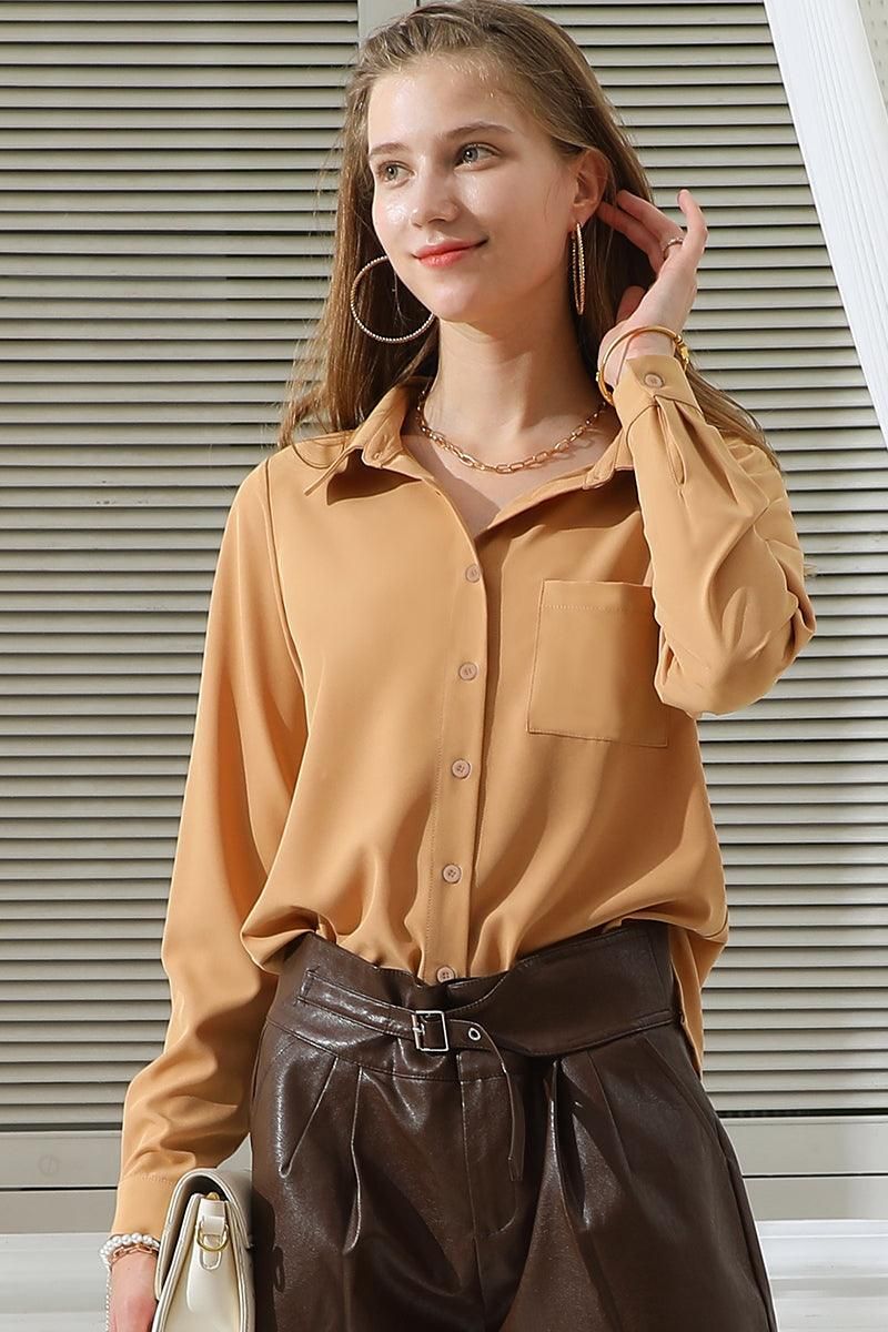 BOTTON DOWN LONG SLEEVE BLOUSE SHIRTS TOP WITH POCKETS - Doublju