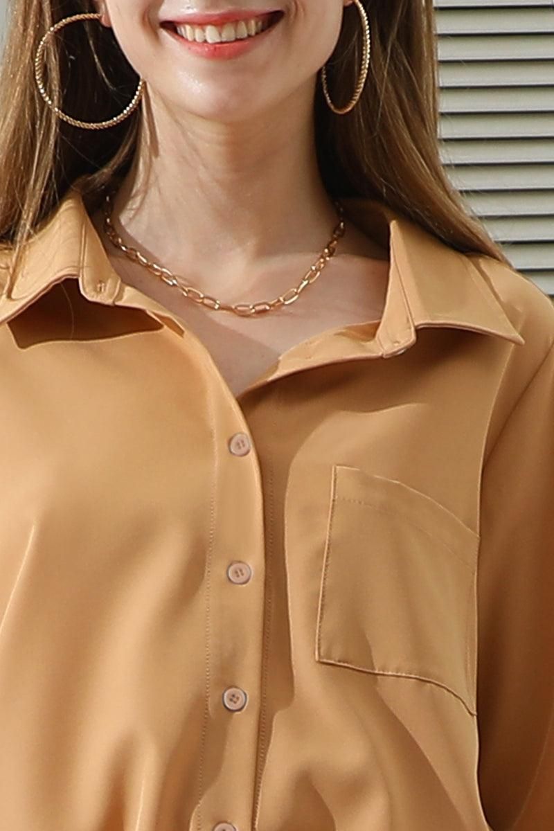 BOTTON DOWN LONG SLEEVE BLOUSE SHIRTS TOP WITH POCKETS - Doublju