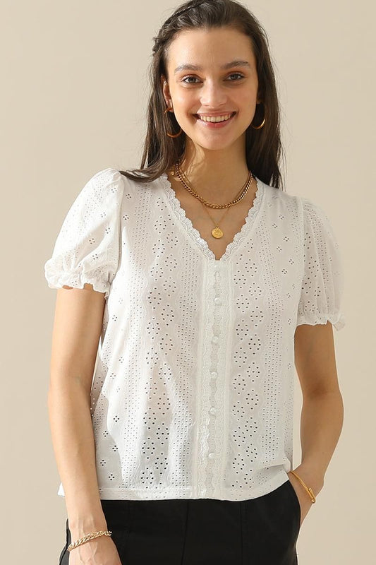 BUTTON POINT PUNCHING LACE FRILL PUFF BLOUSE - Doublju