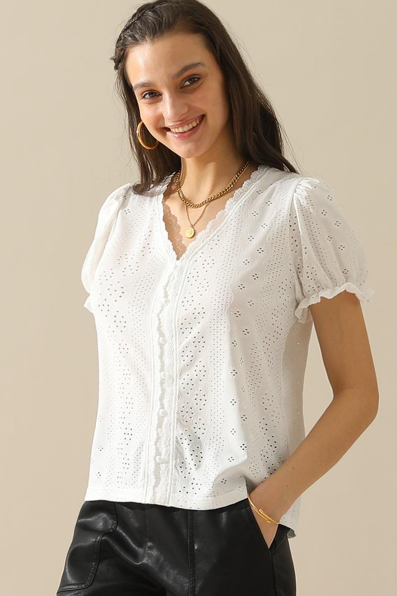 BUTTON POINT PUNCHING LACE FRILL PUFF BLOUSE - Doublju