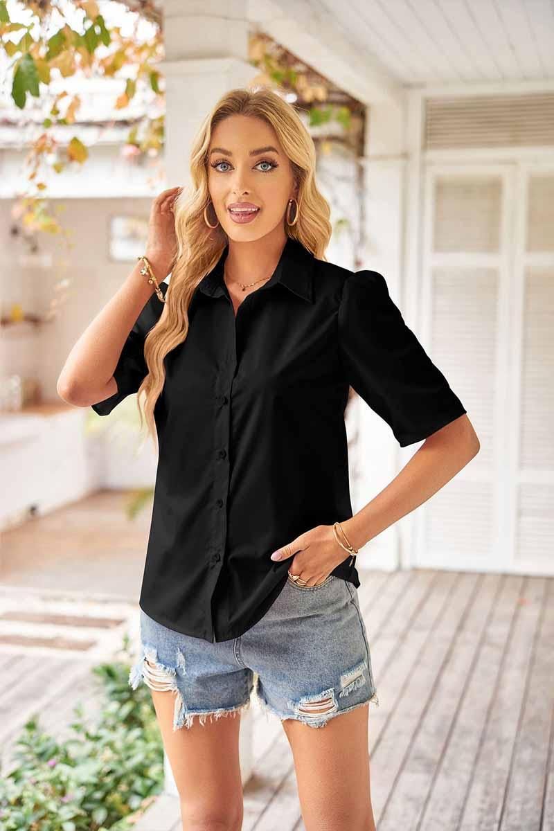 COLLAR BUTTON UP PUFF SHORT SLEEVE SHIRTS - Doublju