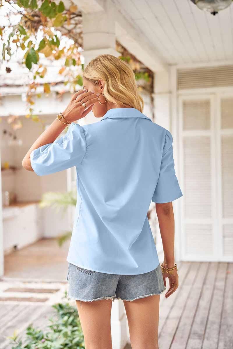 COLLAR BUTTON UP PUFF SHORT SLEEVE SHIRTS - Doublju