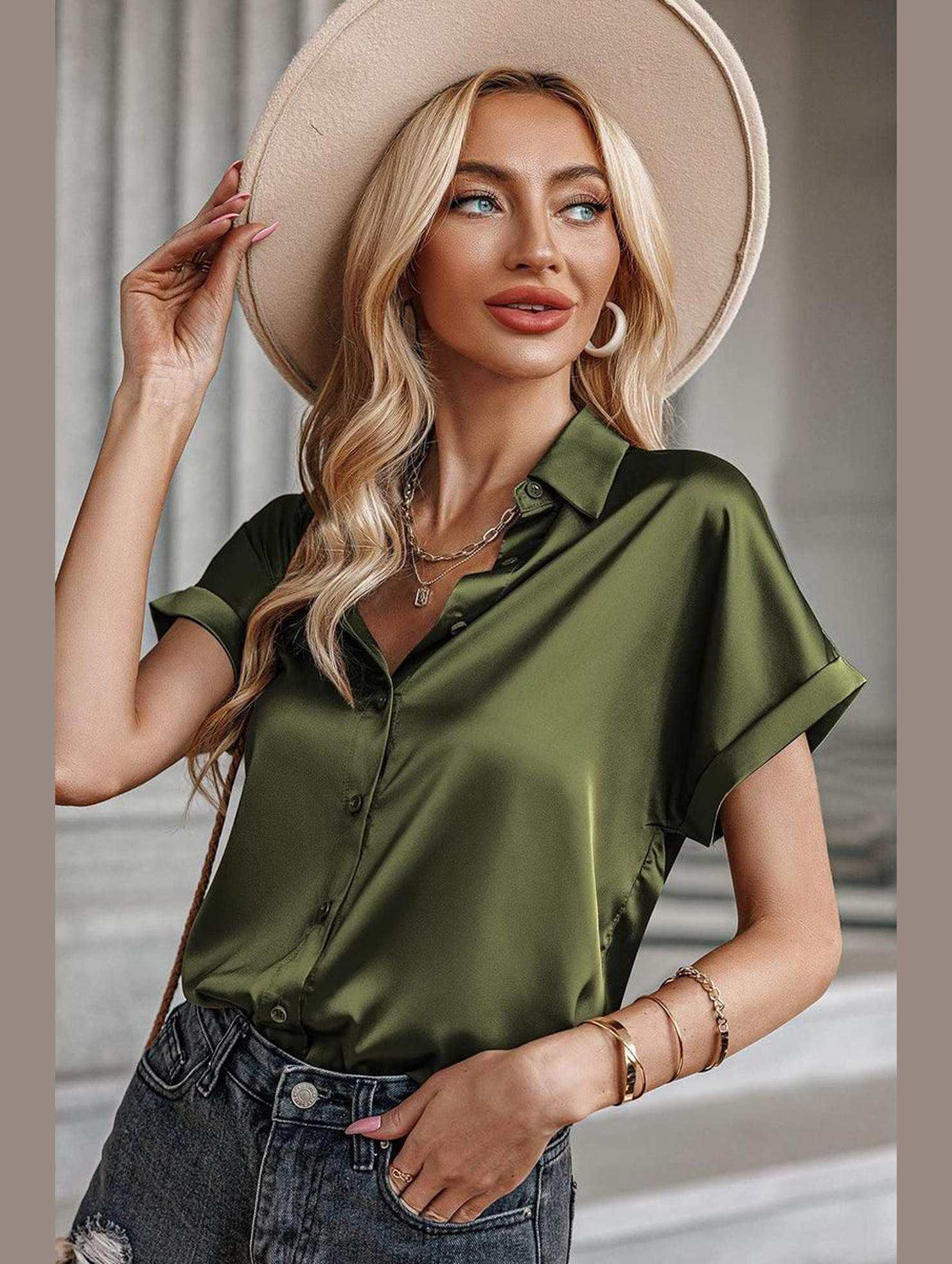 BUTTON DOWN ROLLED SHORT SLEEVE WOMEN BLOUSE - Doublju