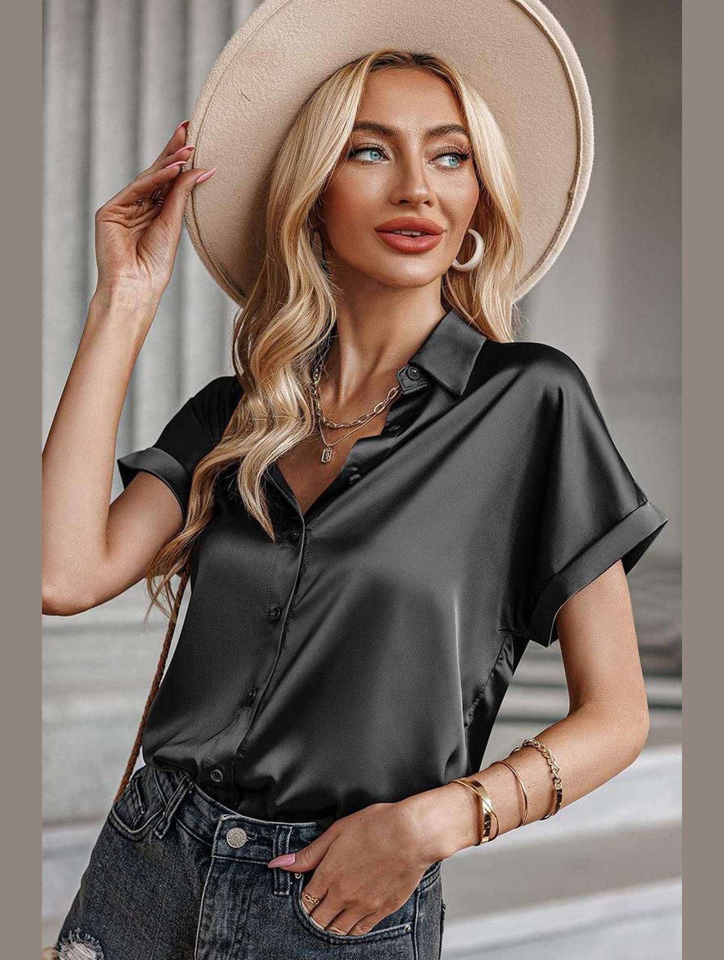BUTTON DOWN ROLLED SHORT SLEEVE WOMEN BLOUSE - Doublju