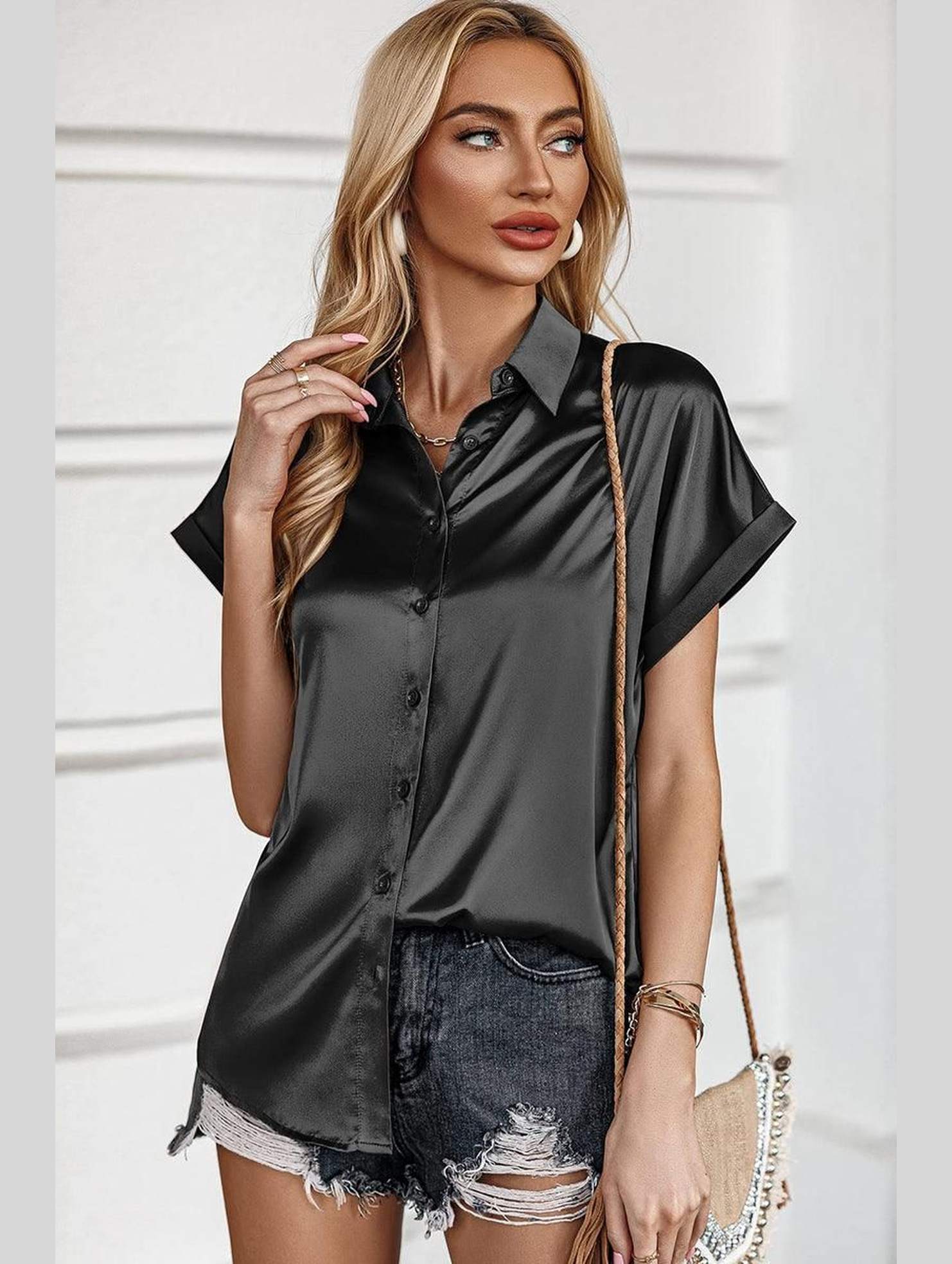 BUTTON DOWN ROLLED SHORT SLEEVE WOMEN BLOUSE - Doublju