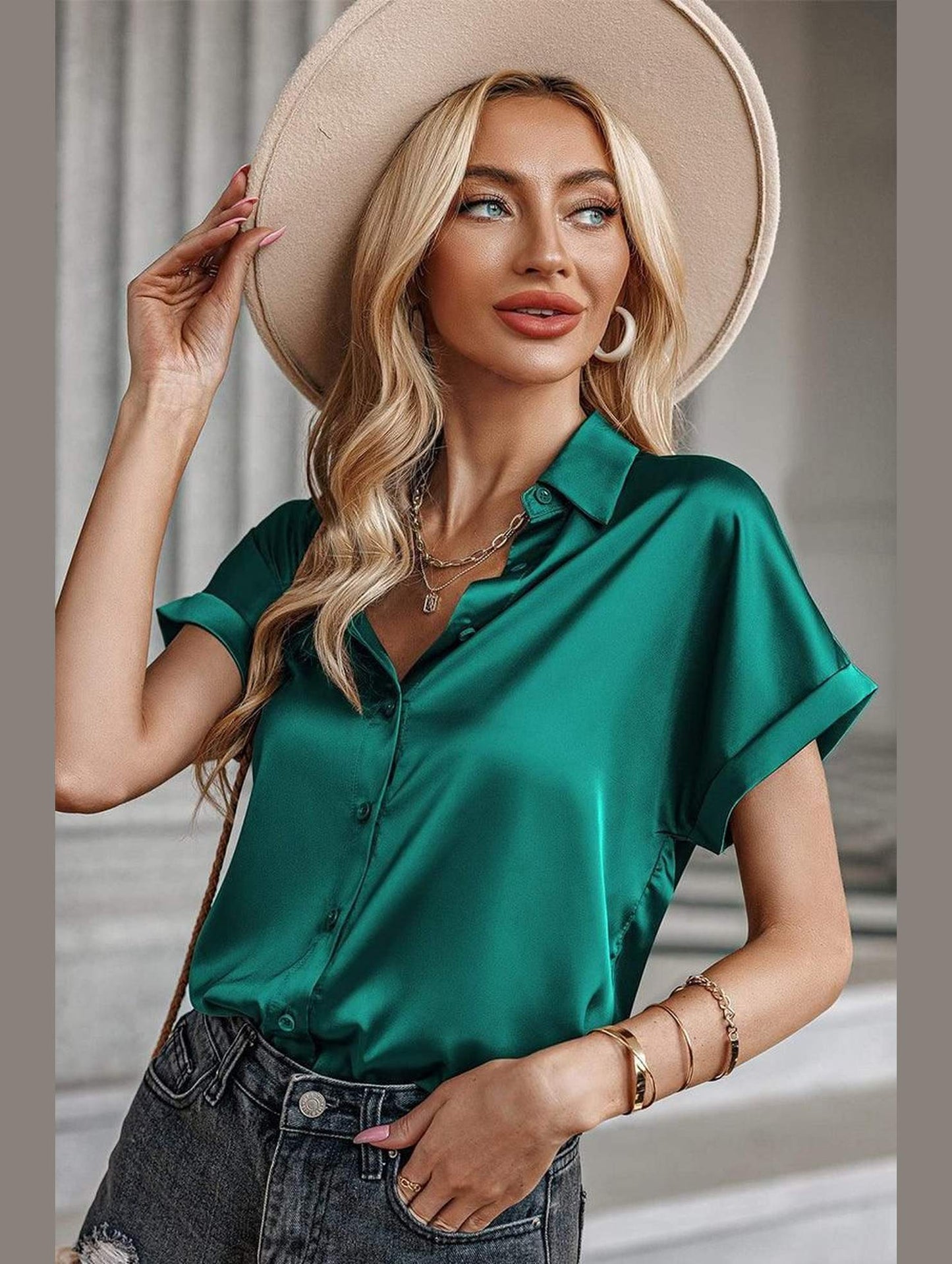 BUTTON DOWN ROLLED SHORT SLEEVE WOMEN BLOUSE - Doublju
