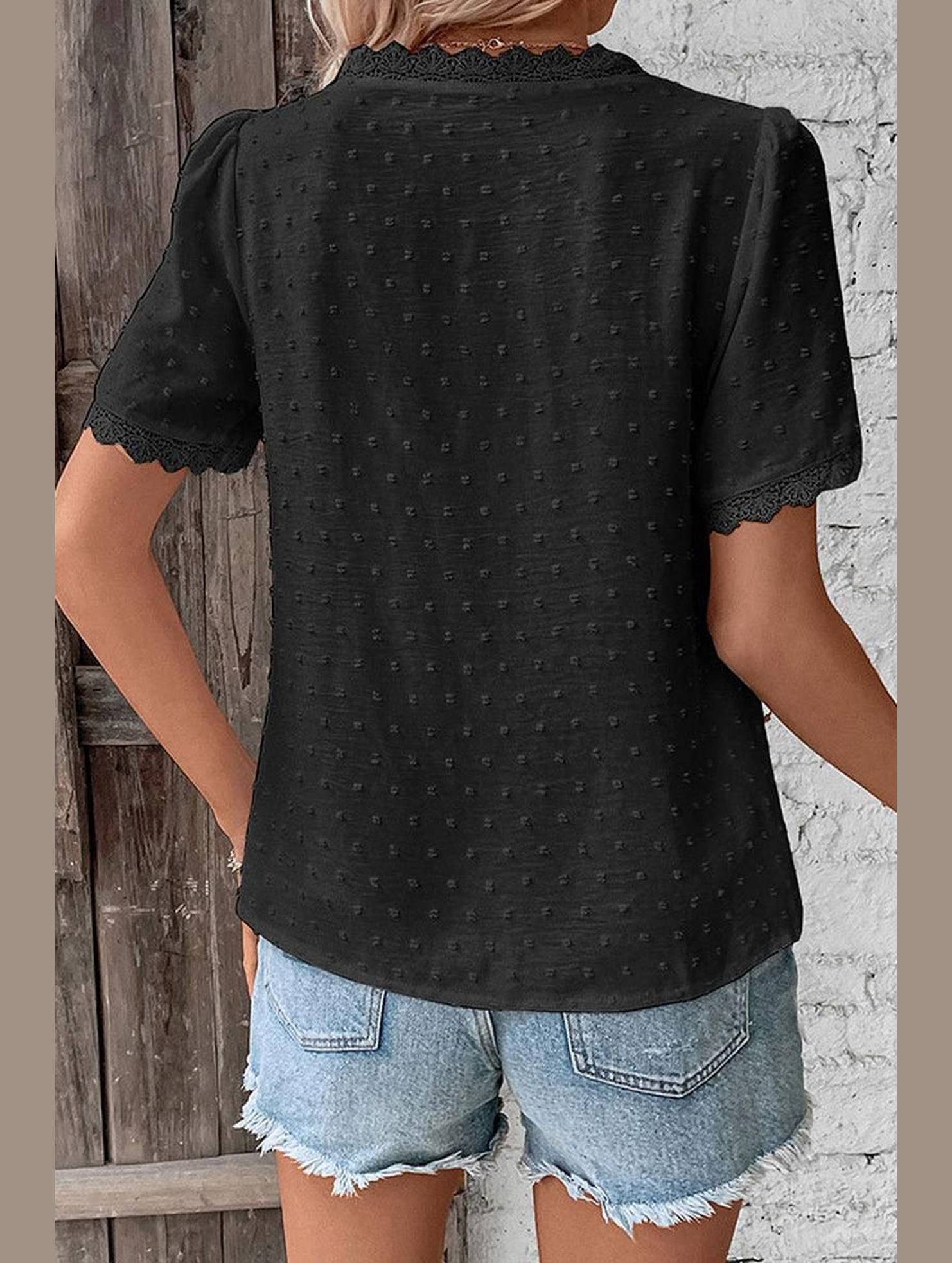 WOMEN SWISS DOT LACE TRIM NECK SHORT T SHIRT - Doublju