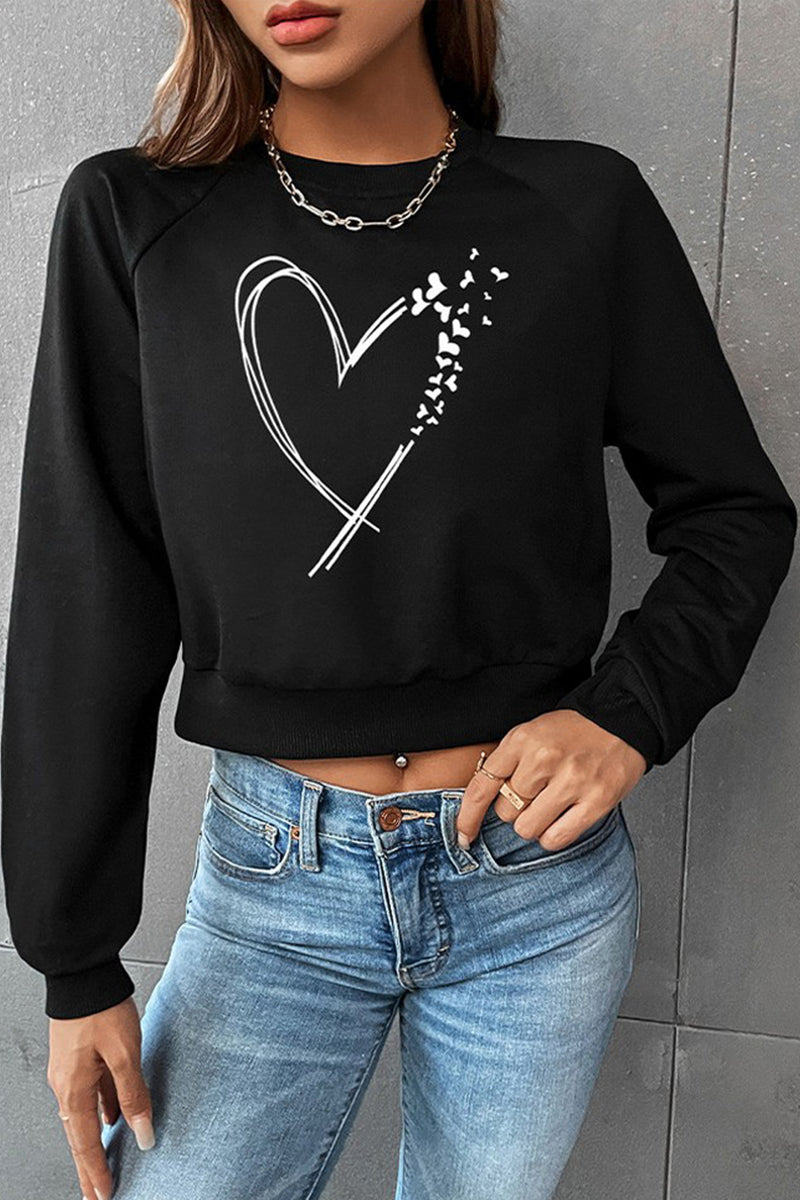WOMEN HEART PRINTING LONG SLEEVE CROP PULLOVER