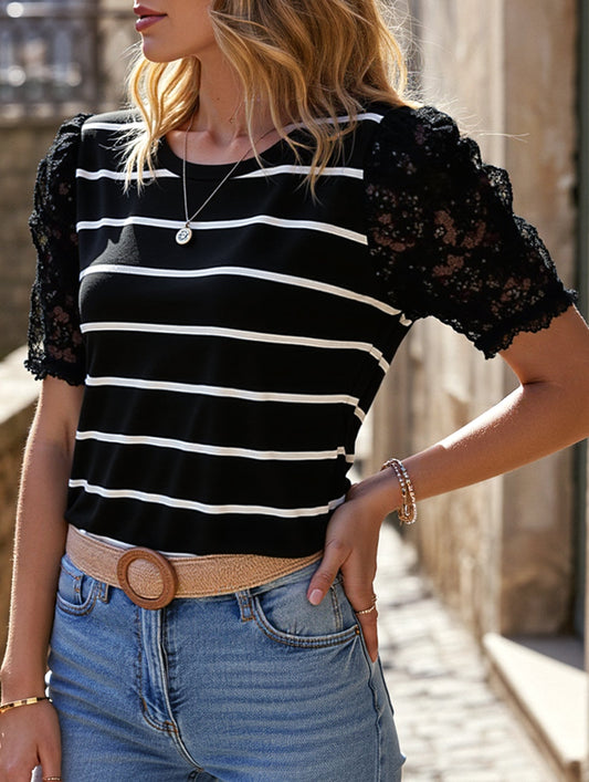 Lace Short Sleeve Striped Slim Fit Top ??S to XL