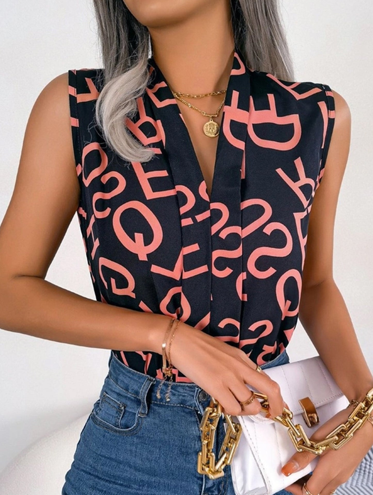 CASUAL COMMUTER LETTER V NECK CHIFFON TOP_CWTSTSL0034