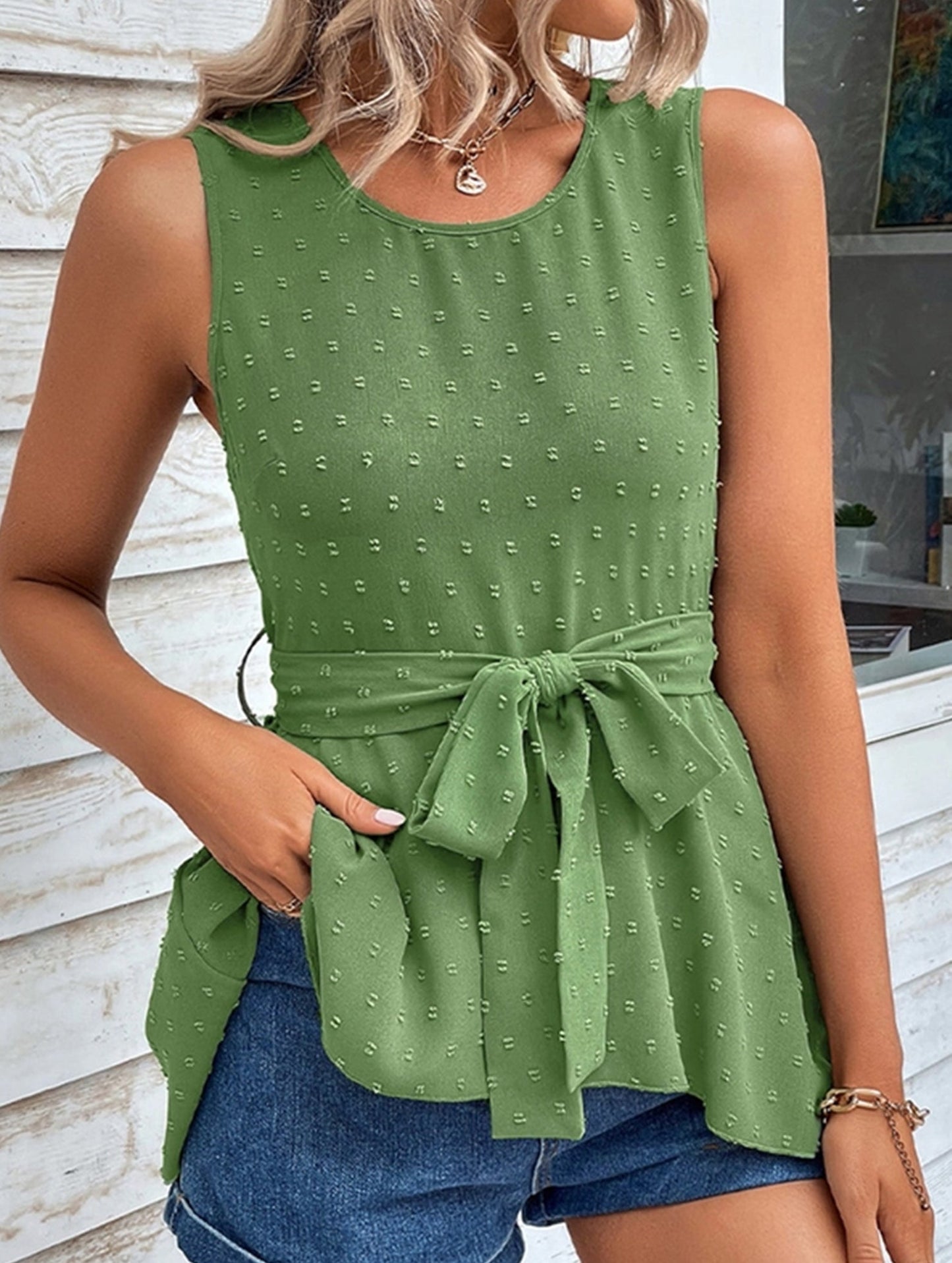 Sleeveless Round Neck Tie Solid Tank Top ??Casual Summer Blouse for Women