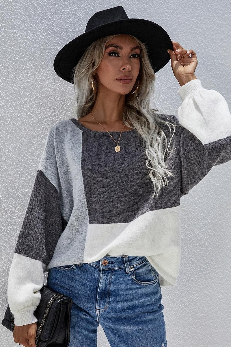 COLOR BLOCK ROUND NECK SWEATER TOP FOR WOMEN - Doublju
