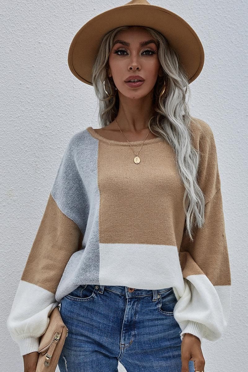 COLOR BLOCK ROUND NECK SWEATER TOP FOR WOMEN - Doublju