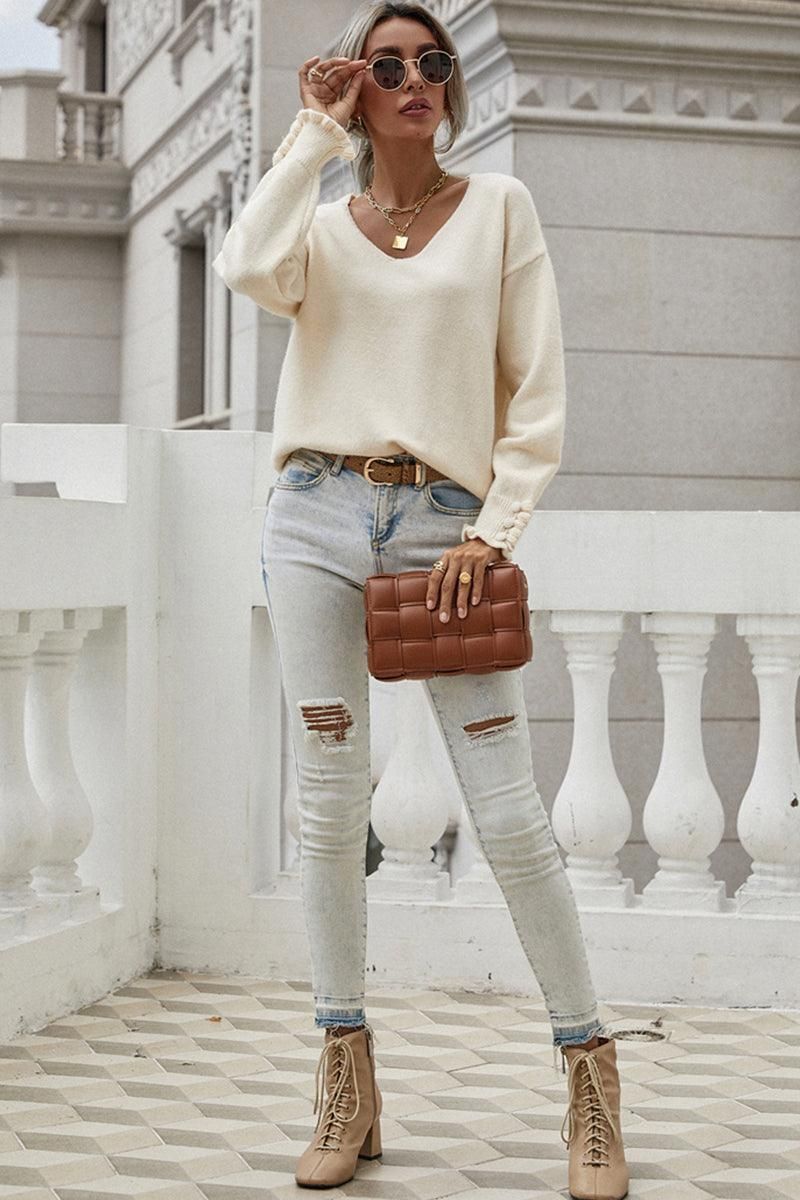 BUTTON LOOSE SOLID COLOR PULLOVER SWEATER - Doublju
