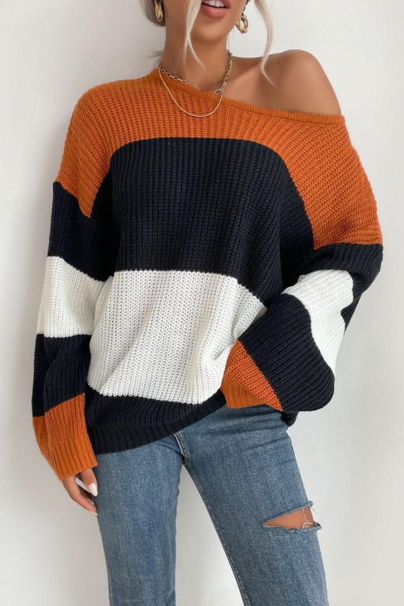 CONTRAST COLOR KNIT - Doublju