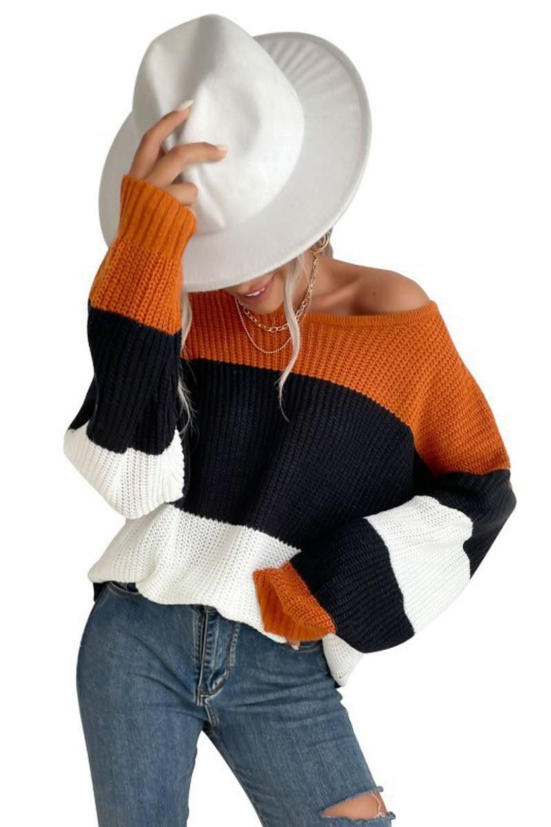 CONTRAST COLOR KNIT - Doublju