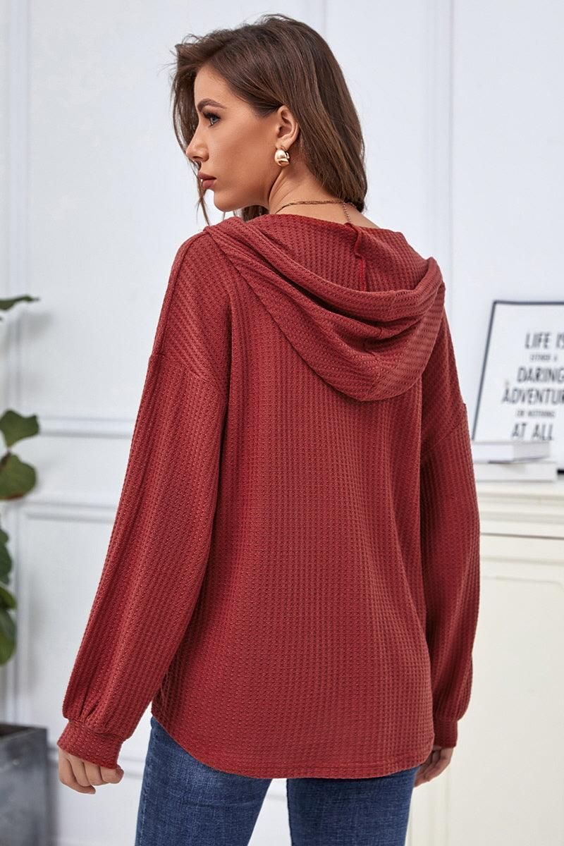 CASUAL SOLID COLOR BUTTON LOOSE HOODIE SWEATER - Doublju