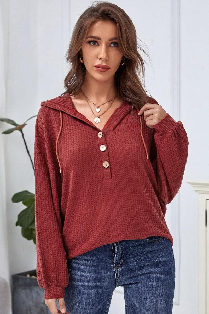 CASUAL SOLID COLOR BUTTON LOOSE HOODIE SWEATER - Doublju