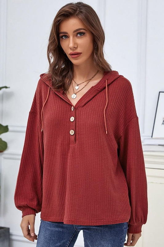 CASUAL SOLID COLOR BUTTON LOOSE HOODIE SWEATER - Doublju