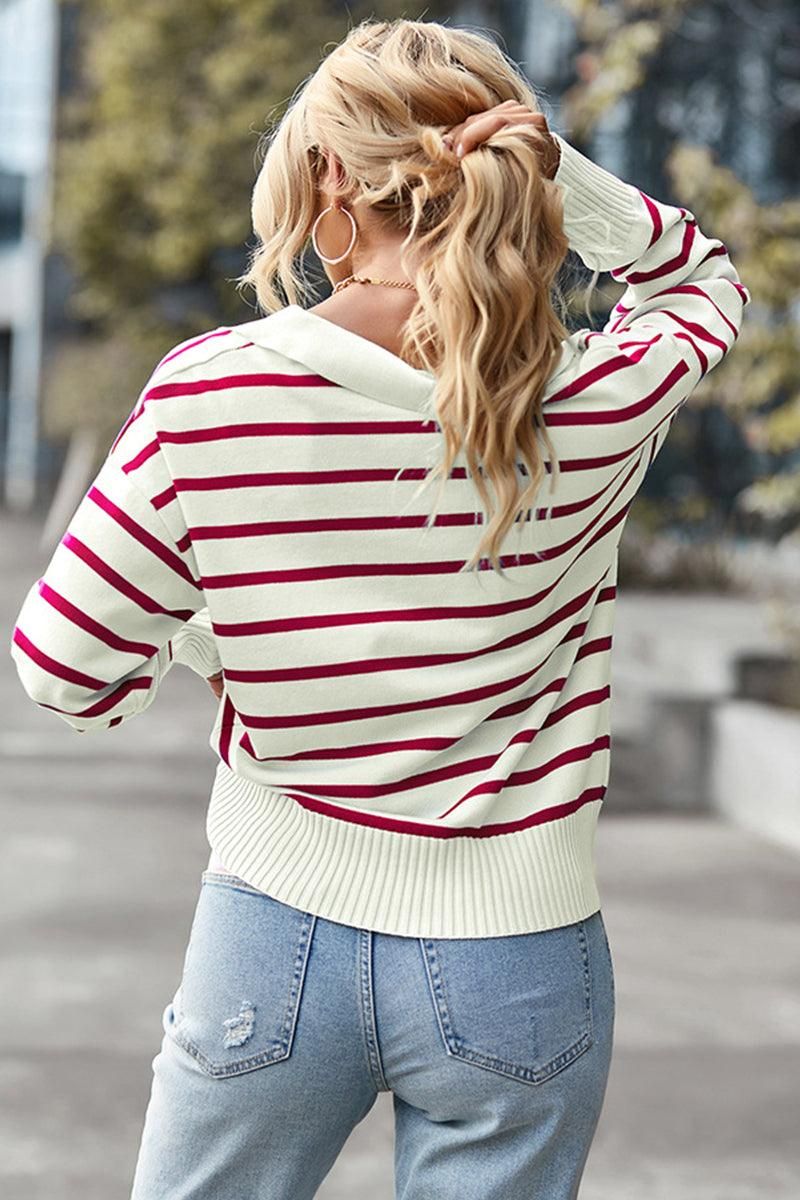 COLOR STRIPE CASUAL COLLAR TOP - Doublju