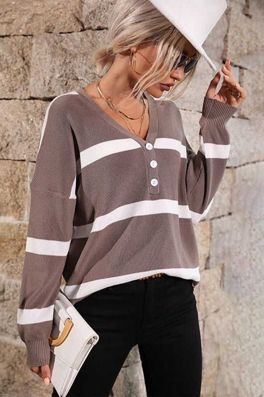BUTTON NECK STRIPE CASUAL TOP - Doublju