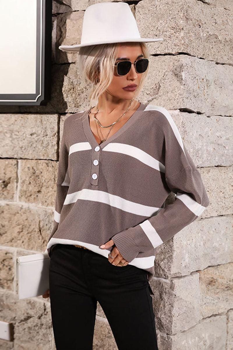 BUTTON NECK STRIPE CASUAL TOP - Doublju