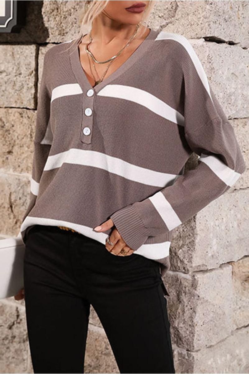 BUTTON NECK STRIPE CASUAL TOP - Doublju