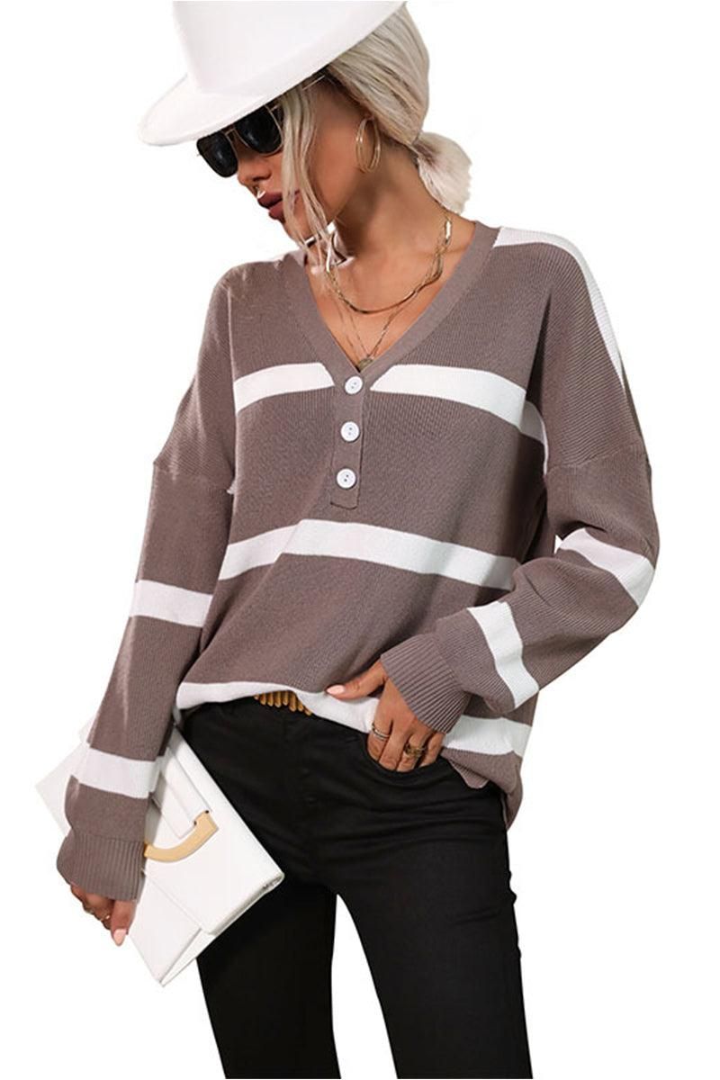 BUTTON NECK STRIPE CASUAL TOP - Doublju