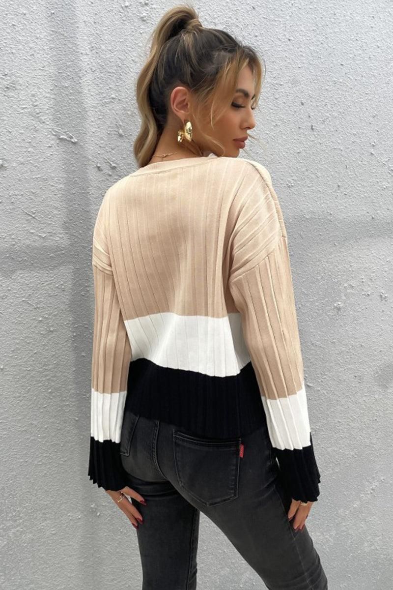 COLOR BLOCK O NECK LOOSE FIT CASUAL TOP - Doublju