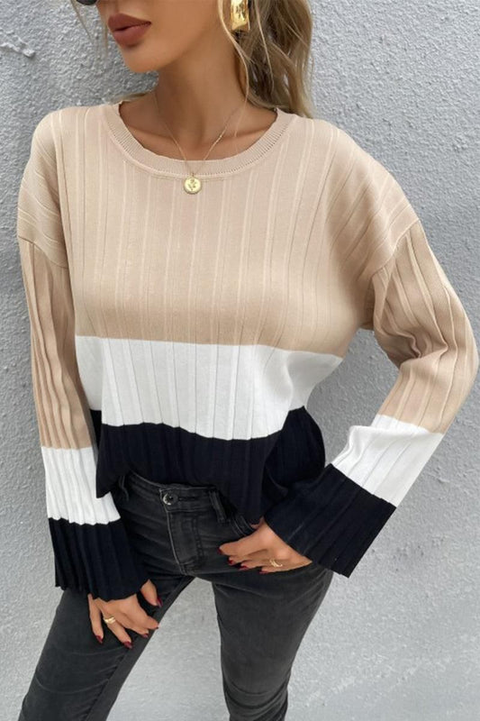COLOR BLOCK O NECK LOOSE FIT CASUAL TOP - Doublju