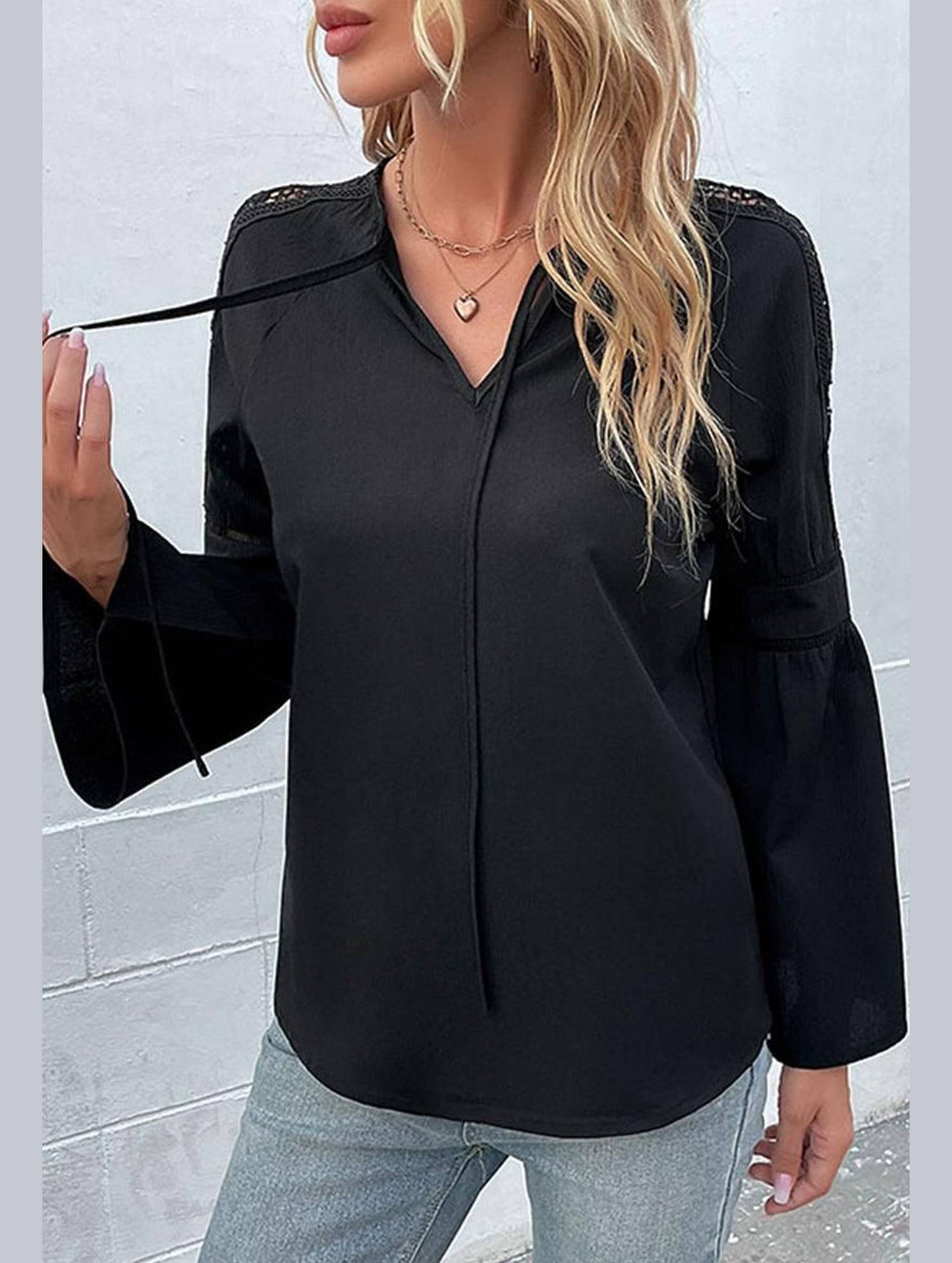 DRAWSTRING V NECK CASUAL TUNIC TOP - Doublju