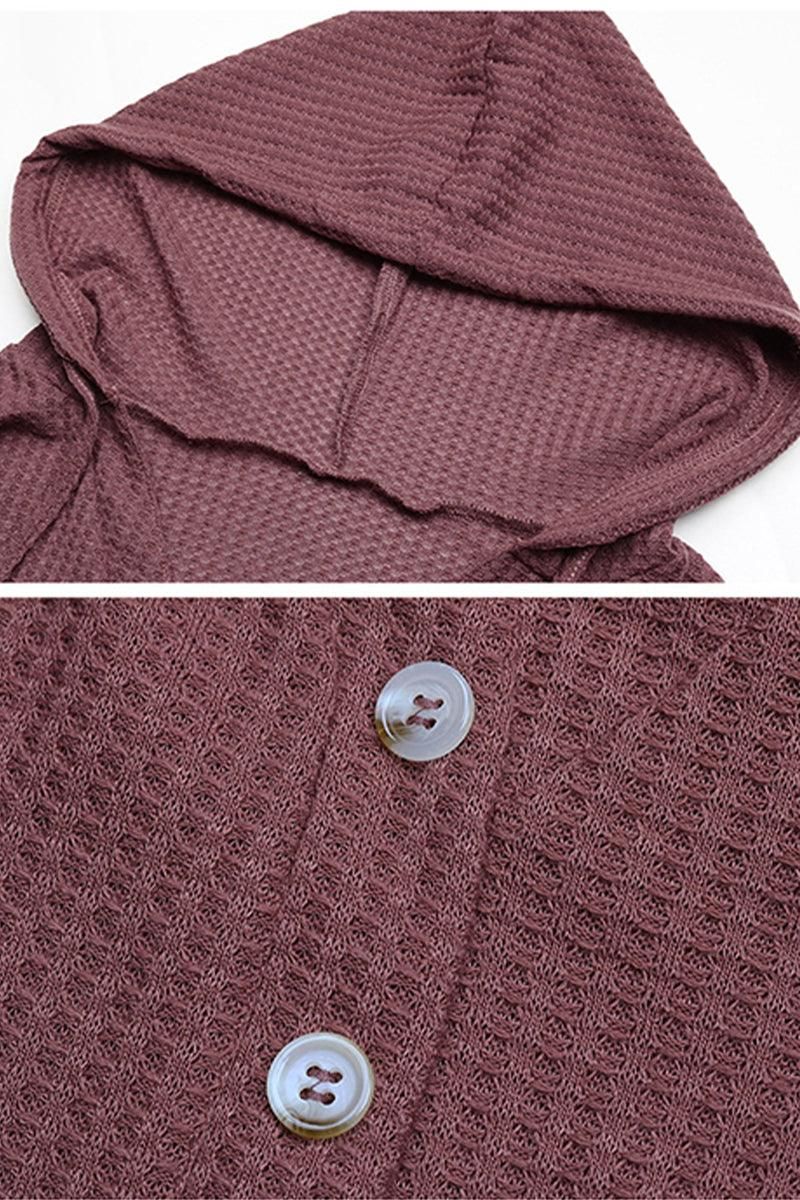 BUTTON NECK HOODIED WAFFLE KNIT TUNIC TOP - Doublju