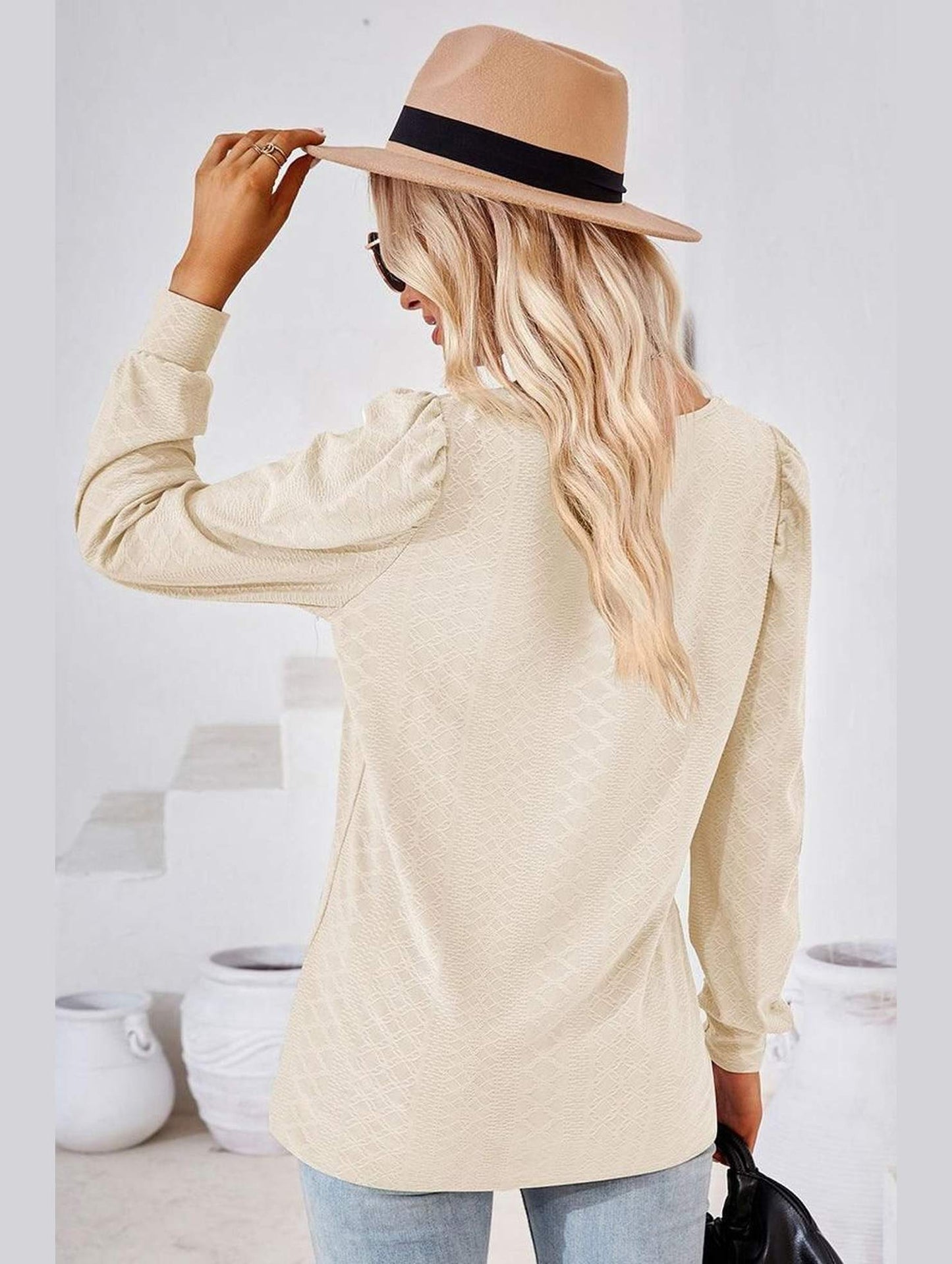 WOMEN PATTERN STITCHED SQUARE NECK PUFF SLEEVE TOP - Doublju